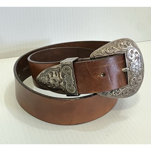 Silpada Brown Leather Belt Sz M Silver Tone Buckle Vintage Western Bling Italian - Picture 1 of 5